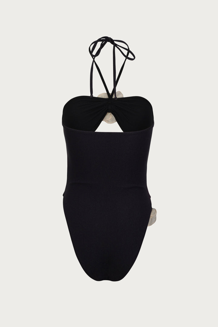 Rose Cut Out One Piece (Faux Suede Black/Cream)