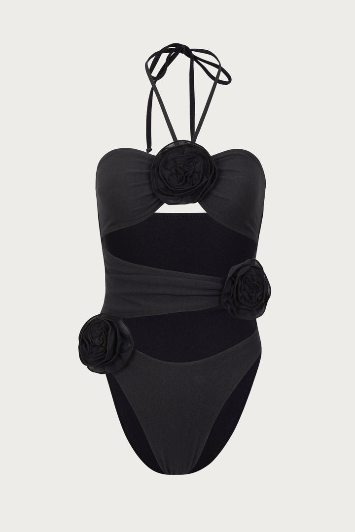 Rose Cut Out One Piece (Faux Suede Black/Black)