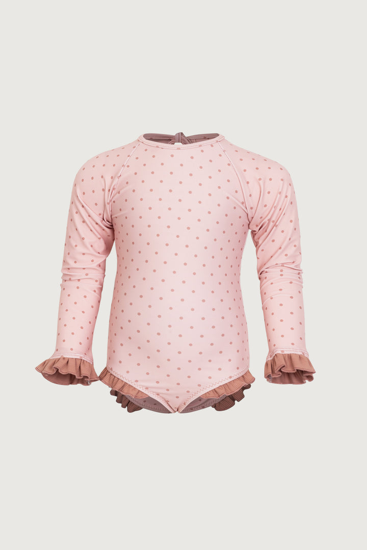 ruffle rashguard one piece (blush camel polka dot/camel)