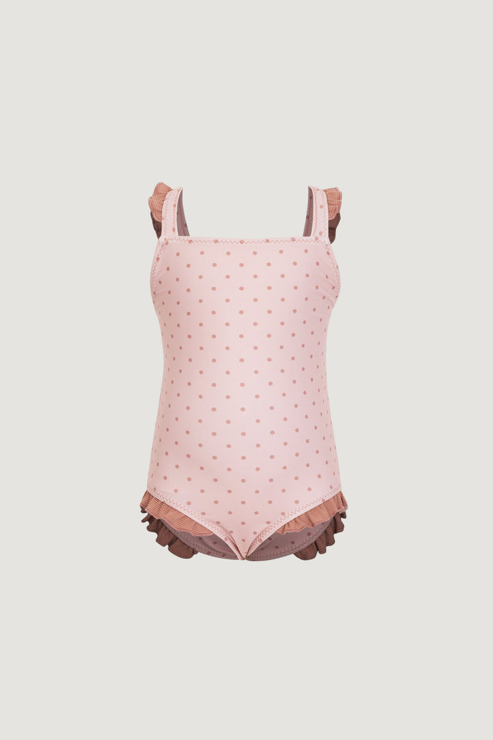 ruffle one piece (blush camel polka dot/camel)