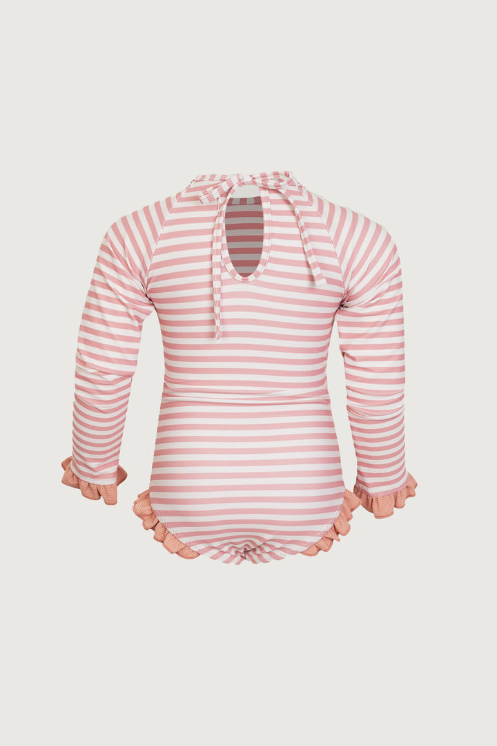 ruffle rashguard one piece (blush stripe/blush)