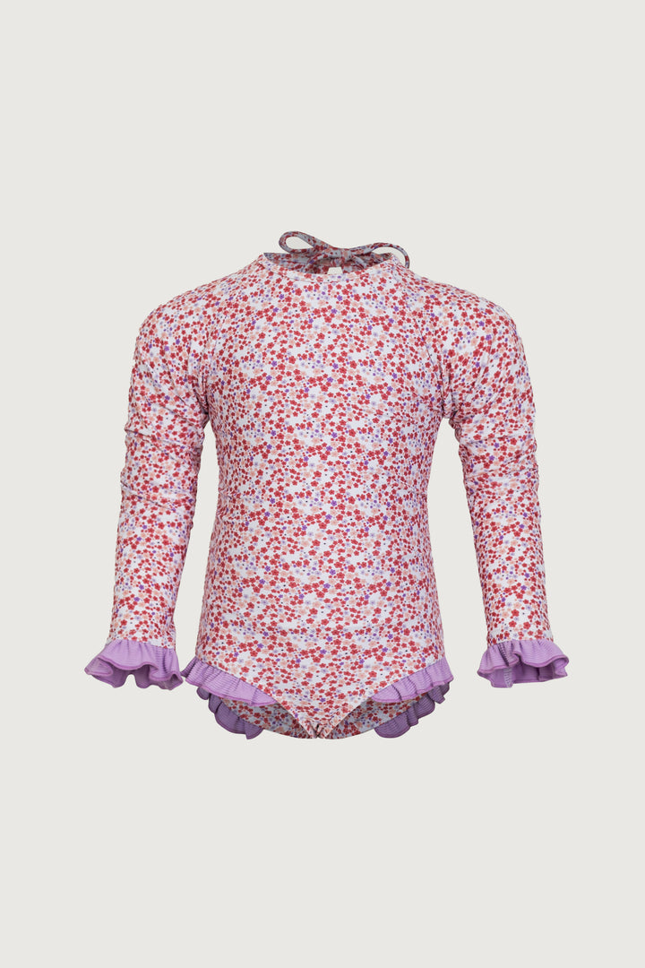 ruffle rashguard one piece (mini floral/purple)