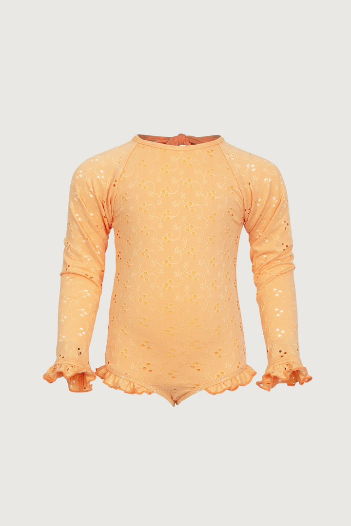 ruffle rashguard one piece (peach eyelet)