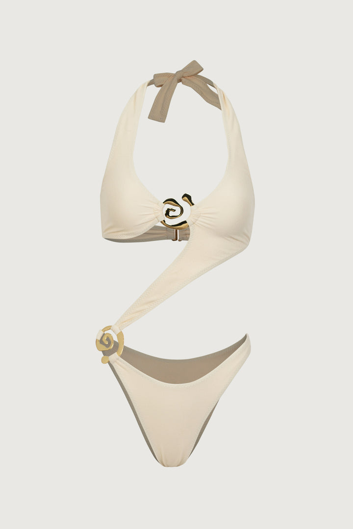 Spiral Halter One Piece (Faux Suede Cream)