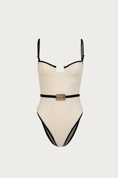 Belted One Piece (Faux Suede Cream/Black)