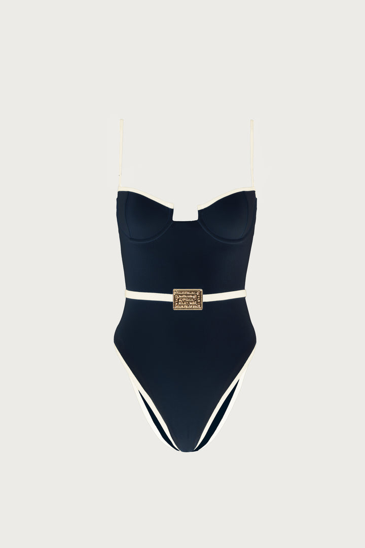 Belted One Piece (Faux Suede Black/Cream)