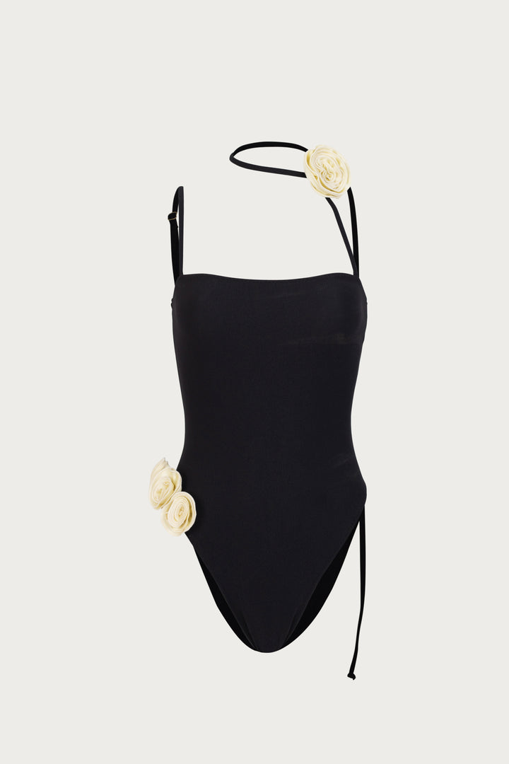 Rosette Choker One Piece (Faux Suede Black/Cream)