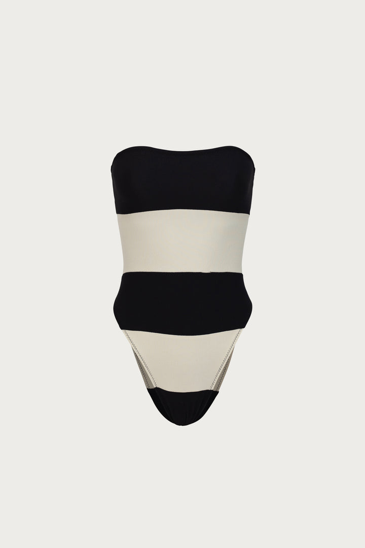 Stripe Strapless One Piece (Faux Suede Black/Cream)