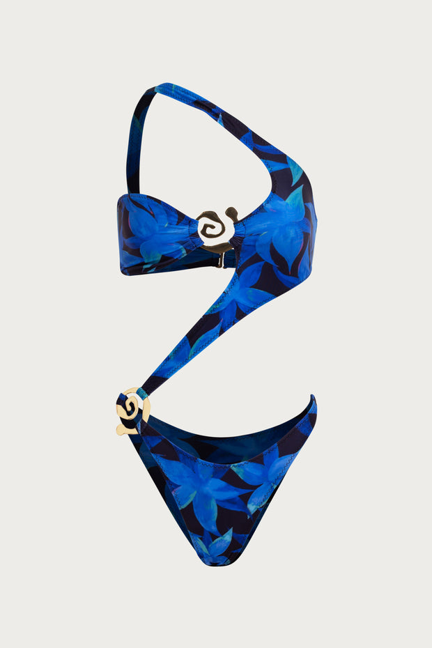 Spiral One Shoulder One Piece (Blue Tropical)