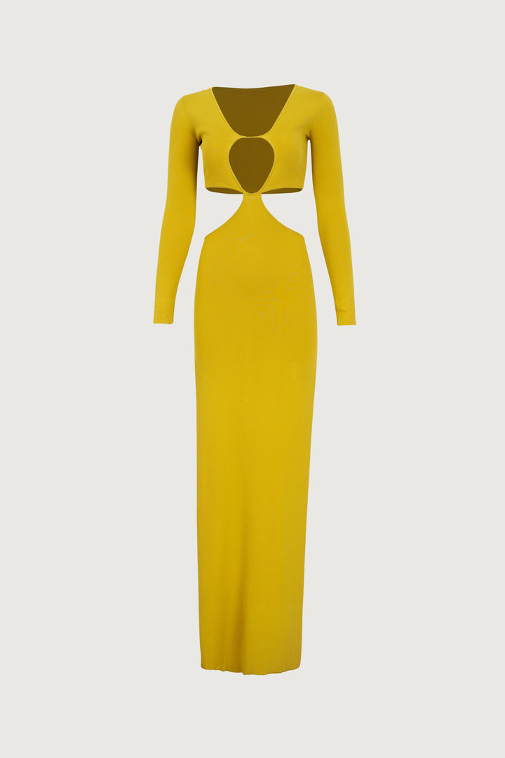 Long Sleeve Cut Out Maxi Dress (Chartreuse)