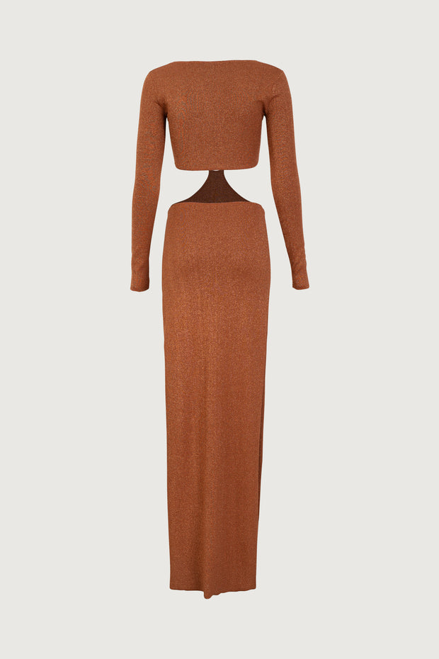 Long Sleeve Cut Out Maxi Dress (Mocha Lurex)