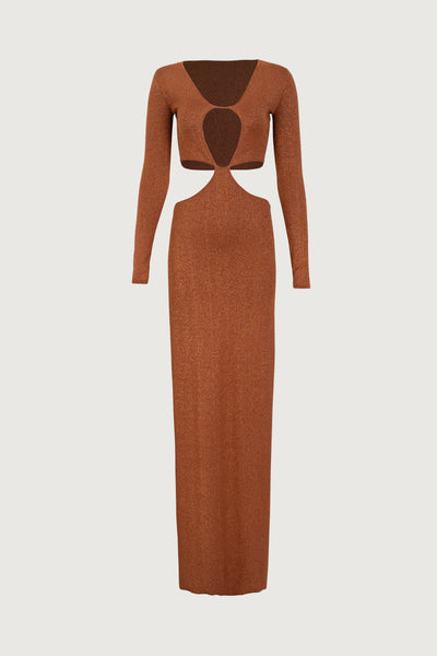 Long Sleeve Cut Out Maxi Dress (Mocha Lurex)