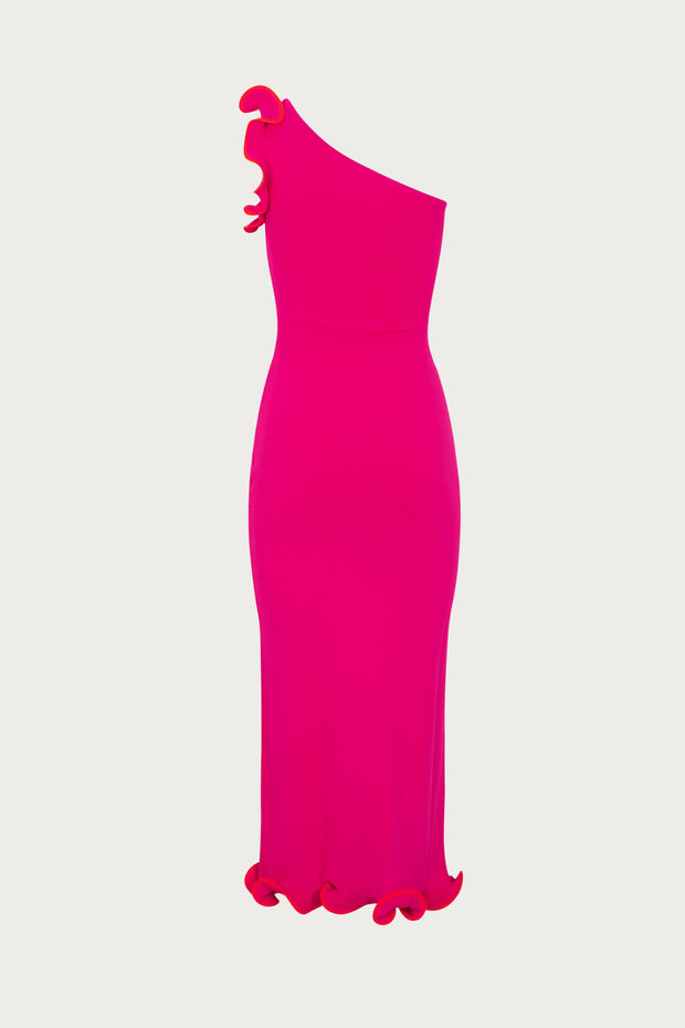 Ruffle Hem One Shoulder Dress (Hot Pink/Orange)