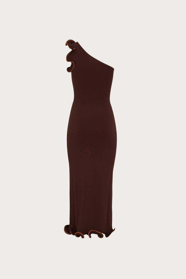 Ruffle Hem One Shoulder Dress (Chocolate Brown/Brown Lurex)