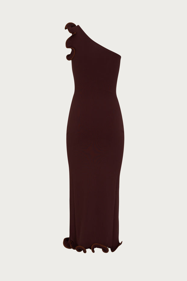 Ruffle Hem One Shoulder Dress (Chocolate Brown/Brown Lurex)