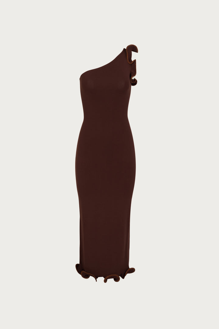 Ruffle Hem One Shoulder Dress (Chocolate Brown/Brown Lurex)