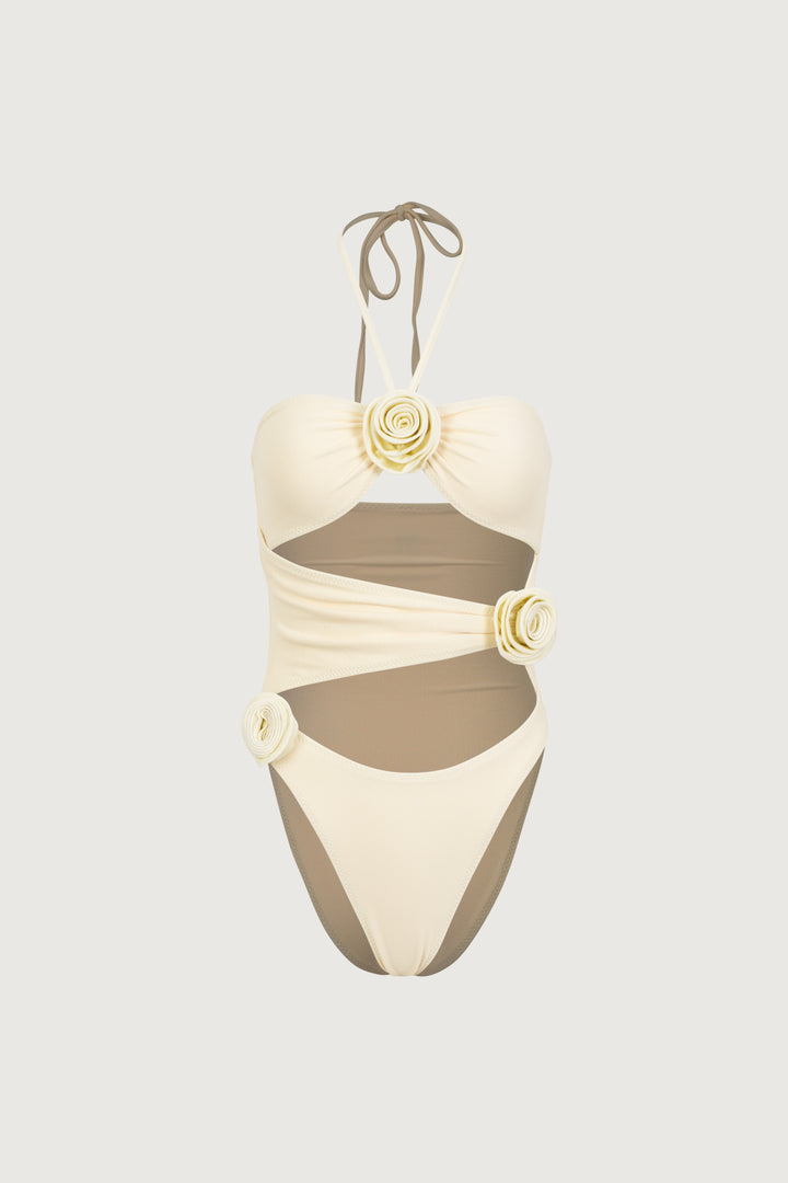 Rosette Cut Out One Piece (Faux Suede Cream/Cream)