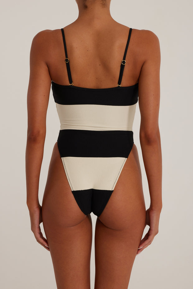 Stripe Strapless One Piece (Faux Suede Black/Cream)