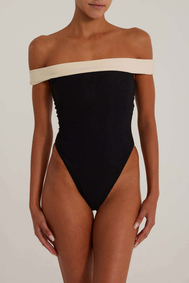 Off Shoulder One Piece (Faux Suede Black/Cream)