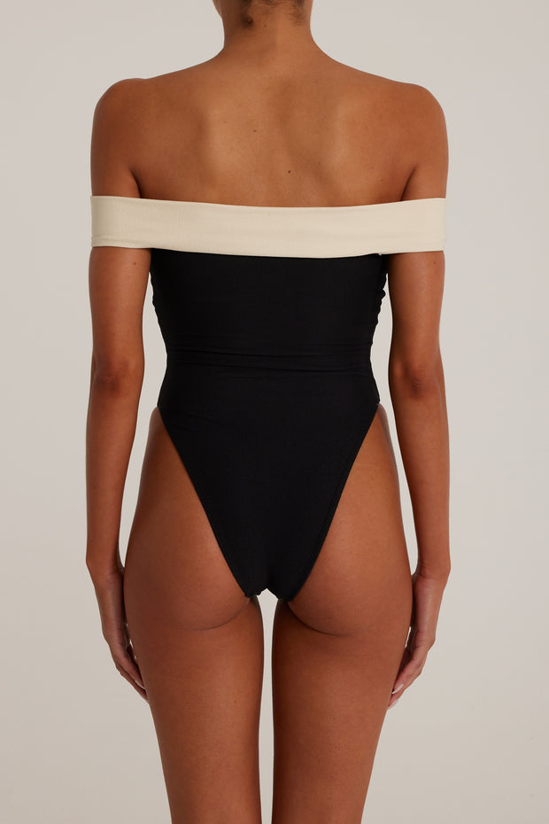 SAME Off Shoulder One Piece Faux Suede Black Cream