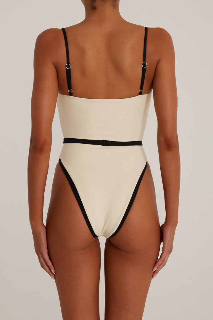 Belted One Piece (Faux Suede Cream/Black)