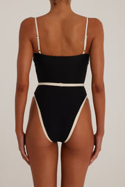 Belted One Piece (Faux Suede Black/Cream)