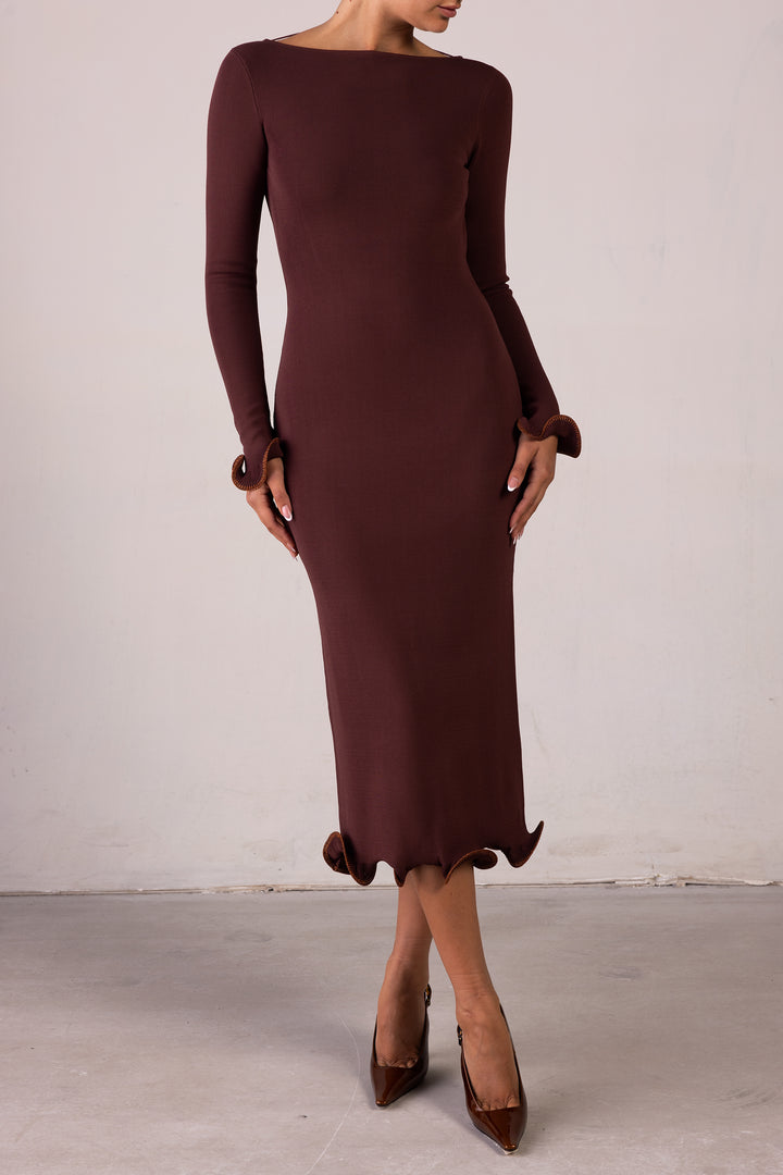 Ruffle Hem Midi Dress (Chocolate Brown/Brown Lurex)