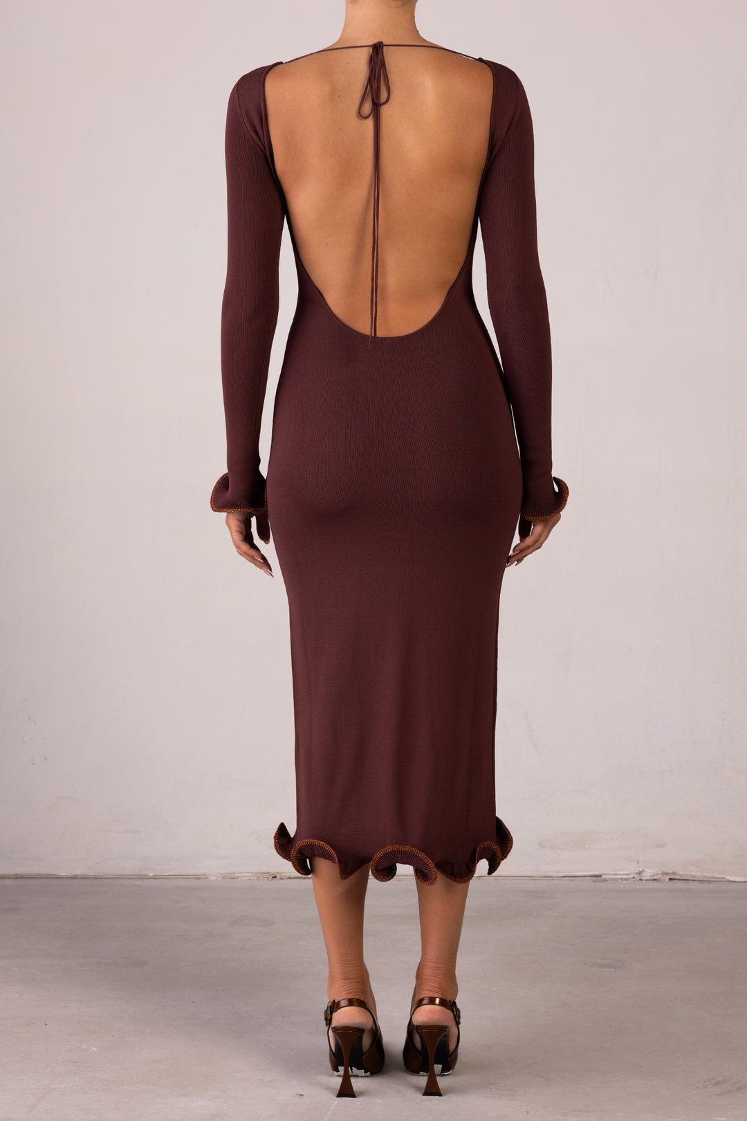 Ruffle Hem Midi Dress (Chocolate Brown/Brown Lurex)