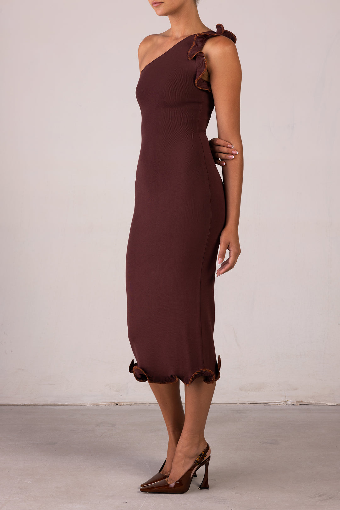 Ruffle Hem One Shoulder Dress (Chocolate Brown/Brown Lurex)