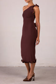 Ruffle Hem One Shoulder Dress (Chocolate Brown/Brown Lurex)