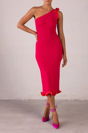 Ruffle Hem One Shoulder Dress (Hot Pink/Orange)