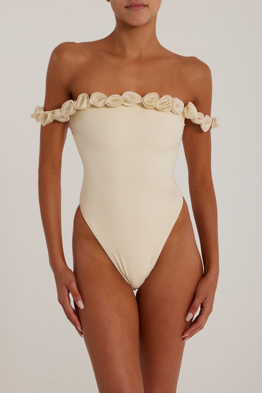 Rosette Off Shoulder One Piece (Faux Suede Cream/Cream)