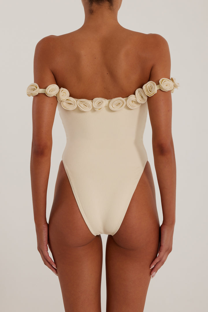 Rosette Off Shoulder One Piece (Faux Suede Cream/Cream)