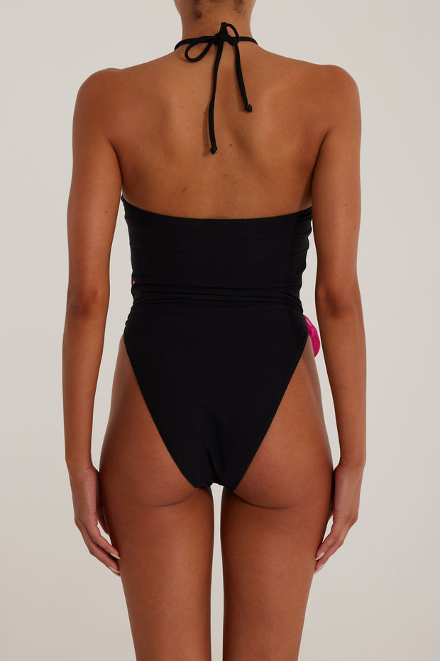 Rose Cut Out One Piece (Faux Suede Black/Fuchsia)
