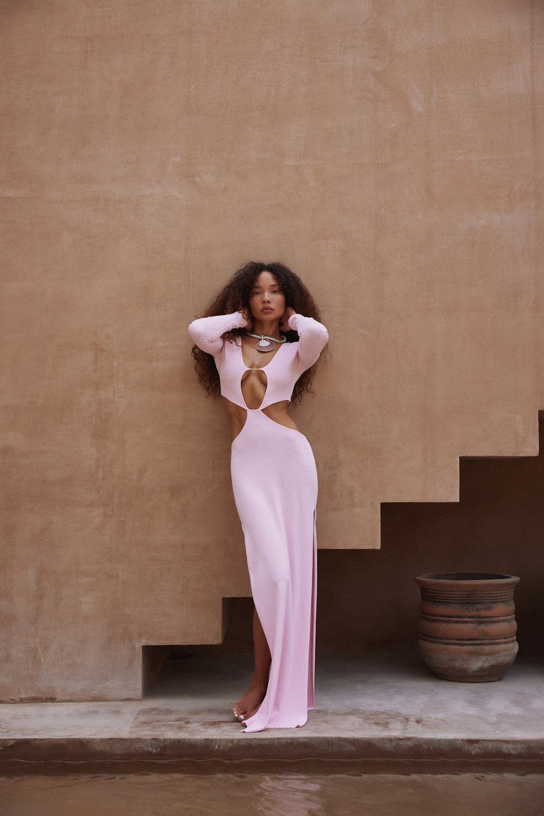 Long Sleeve Cut Out Maxi Dress (Baby Pink)