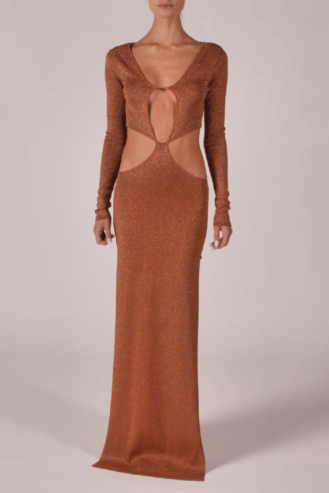 Long Sleeve Cut Out Maxi Dress (Mocha Lurex)