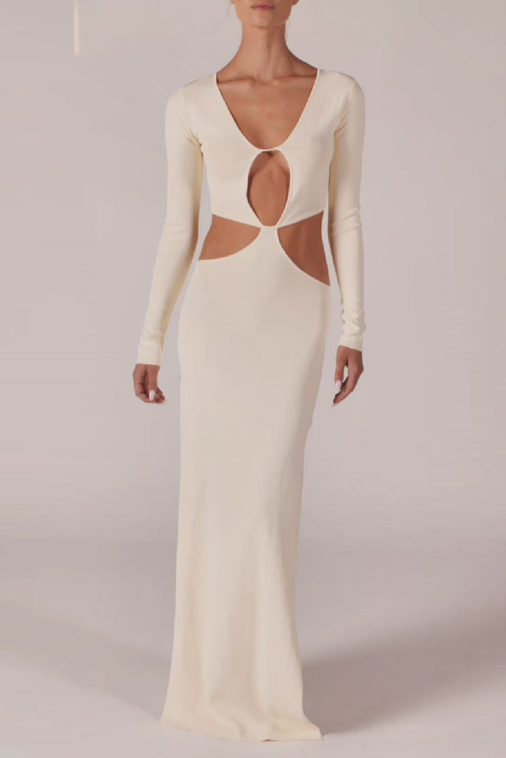 Long Sleeve Cut Out Maxi Dress (Cream)