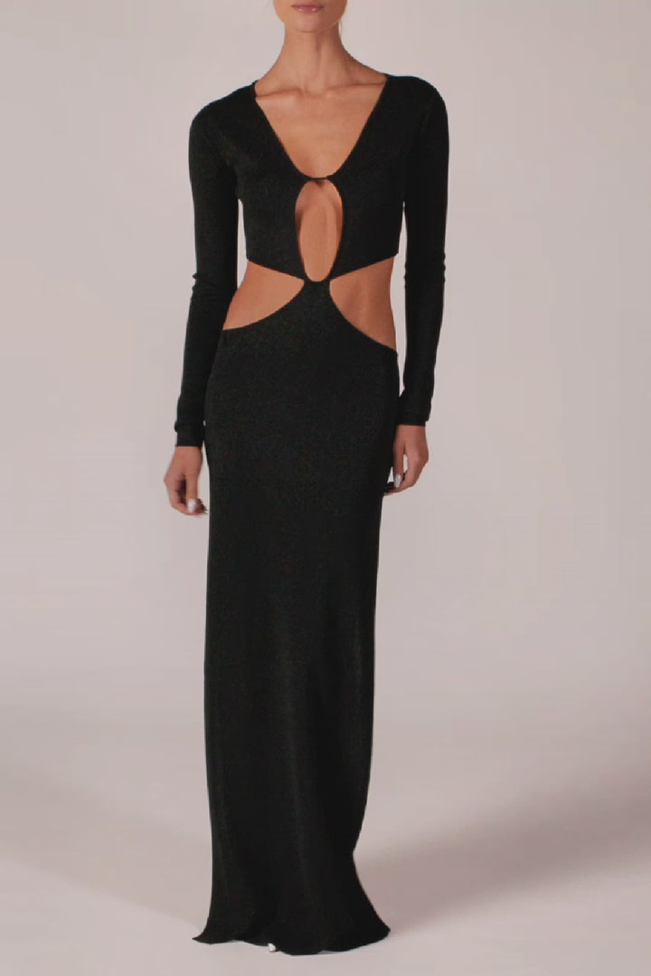 Long Sleeve Cut Out Maxi Dress (Black Lurex)