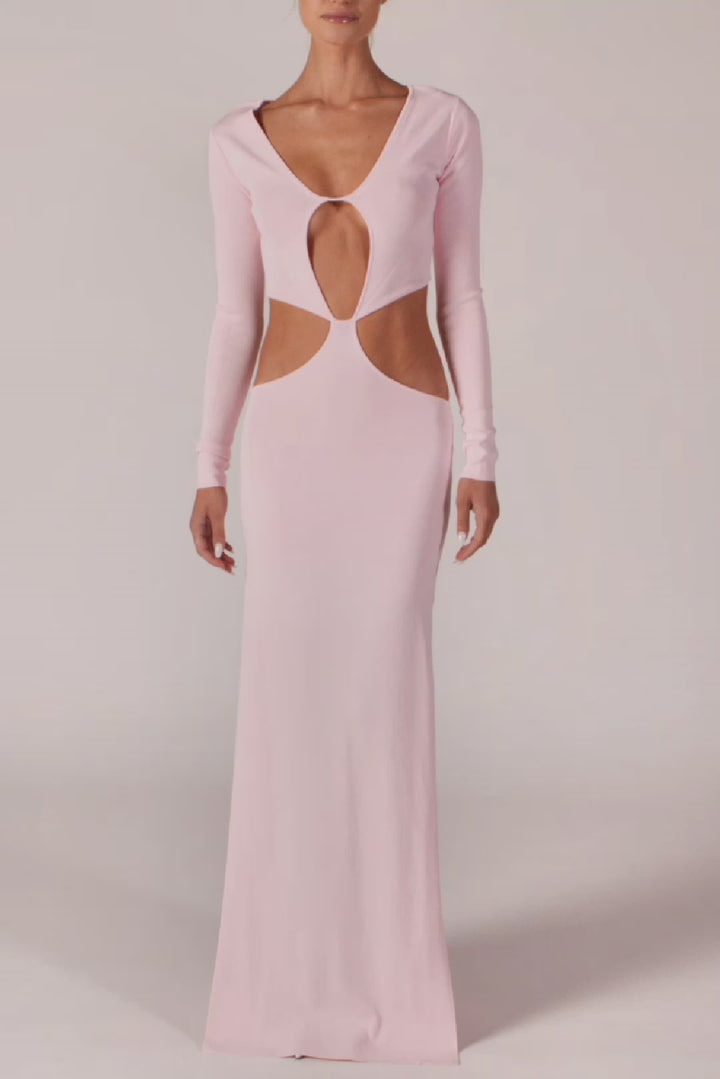 Long Sleeve Cut Out Maxi Dress (Baby Pink)