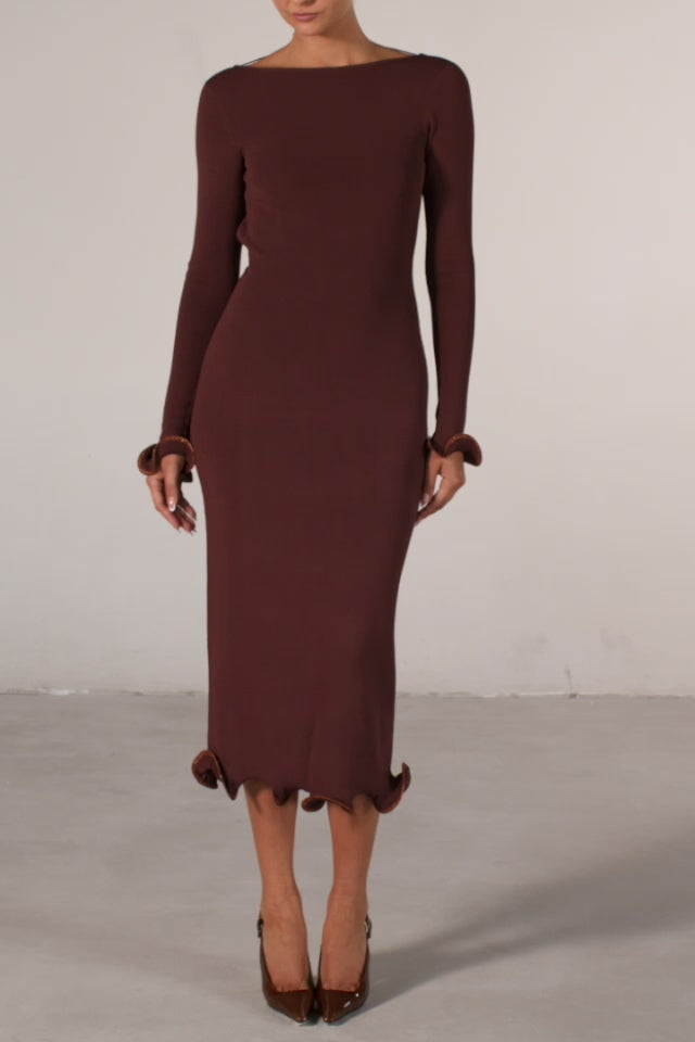 Ruffle Hem Midi Dress (Chocolate Brown/Brown Lurex)