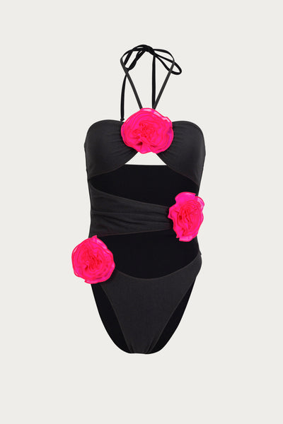 SAME Rose Cut Out One Piece | Faux Suede Black/Fuchsia