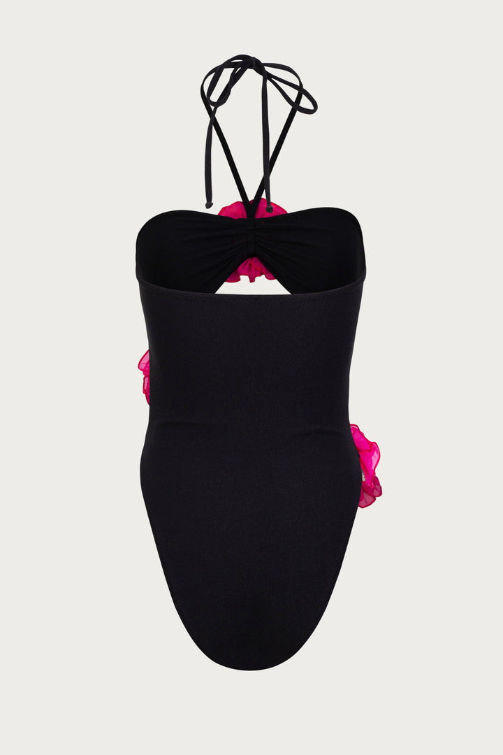 Rose Cut Out One Piece (Faux Suede Black/Fuchsia)