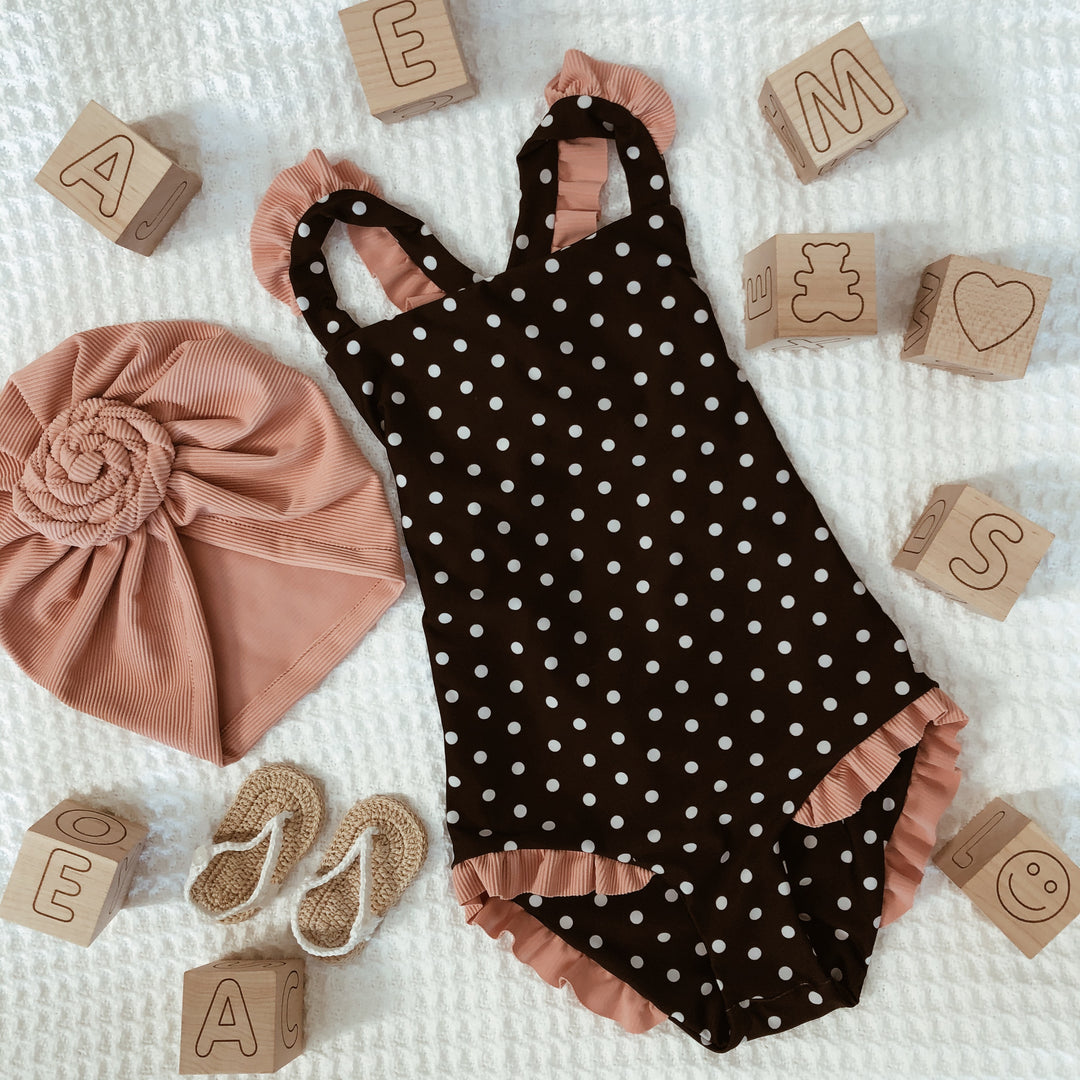 ruffle one piece (black white polka dot/ribbed blush)