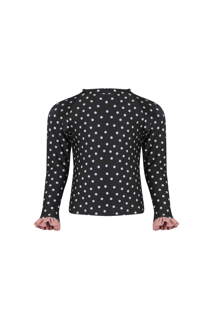 ruffle rashguard (black white polka dot/ribbed blush)